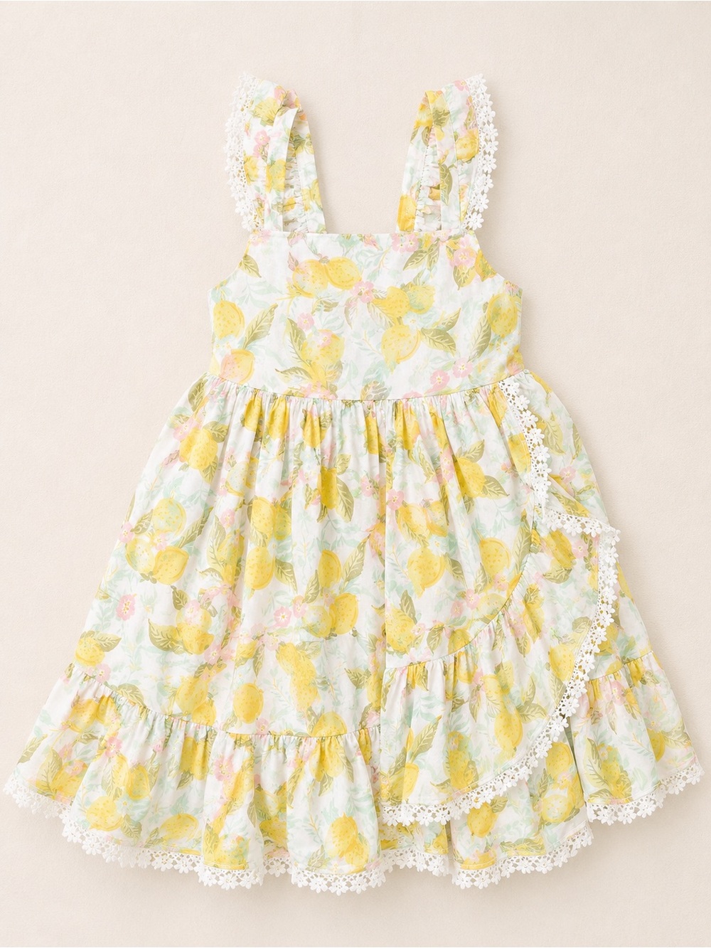 C&C California Kids Yellow Lemmon Print Lace-Trim Sundress - Kids Wedding Guest